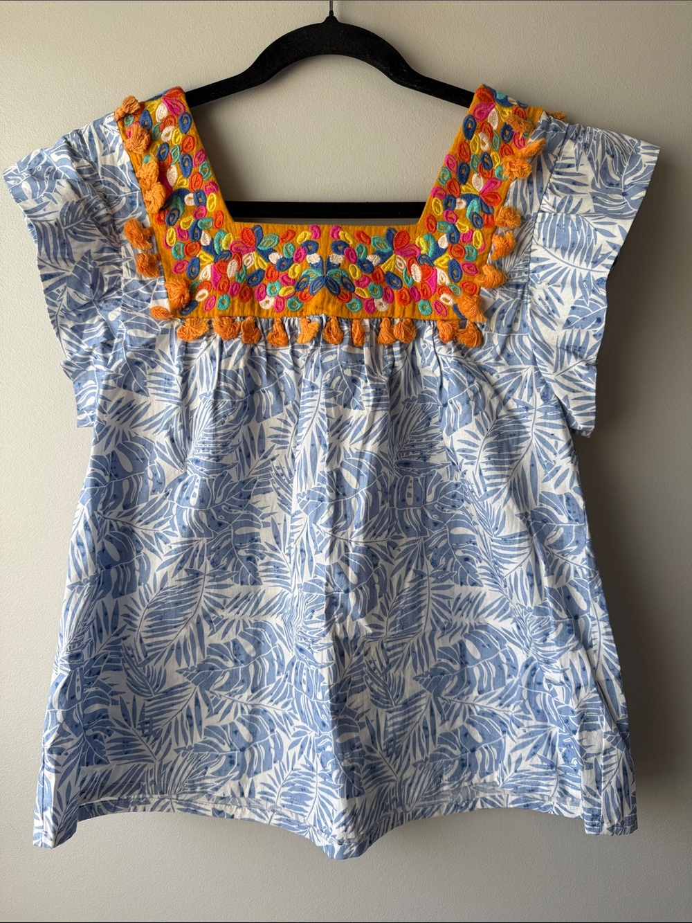 THML blue leaf print embroidery top with tassel 100% cotton flutter sleeve Small